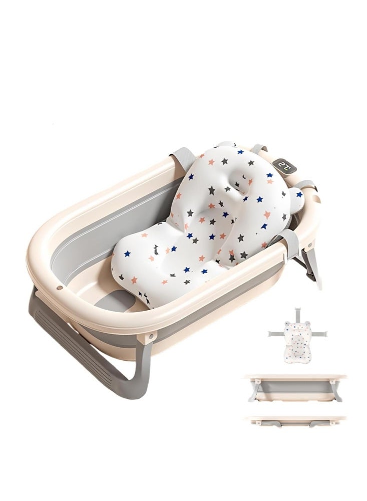 GGEROU Collapsible Baby Bathtub for Newborn with Thermometer and Soft Floating Cushion,Portable Travel Bathtub with Drain Hole, Durable Foldable Baby Tubs for Infants to Toddler